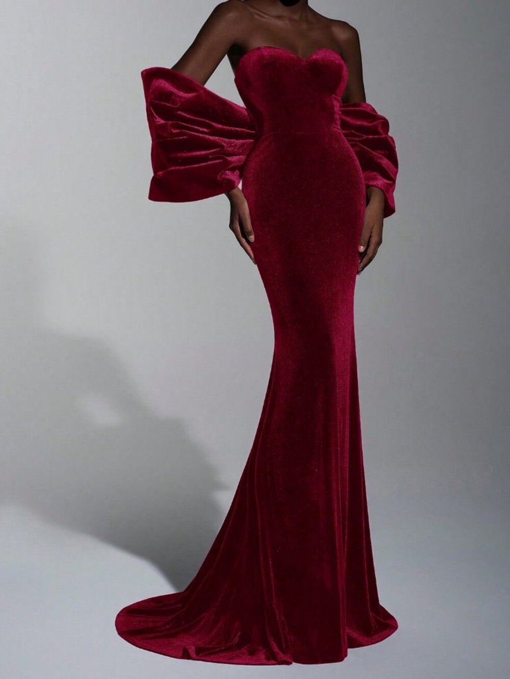 Burgundy Elegant Women's Velvet Strapless Maxi Dress